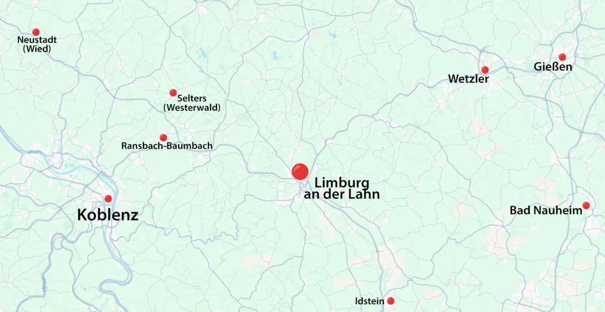 Einsatzgebiet der 24-Pflegevermittlung Speer rund um Limburg und Diez